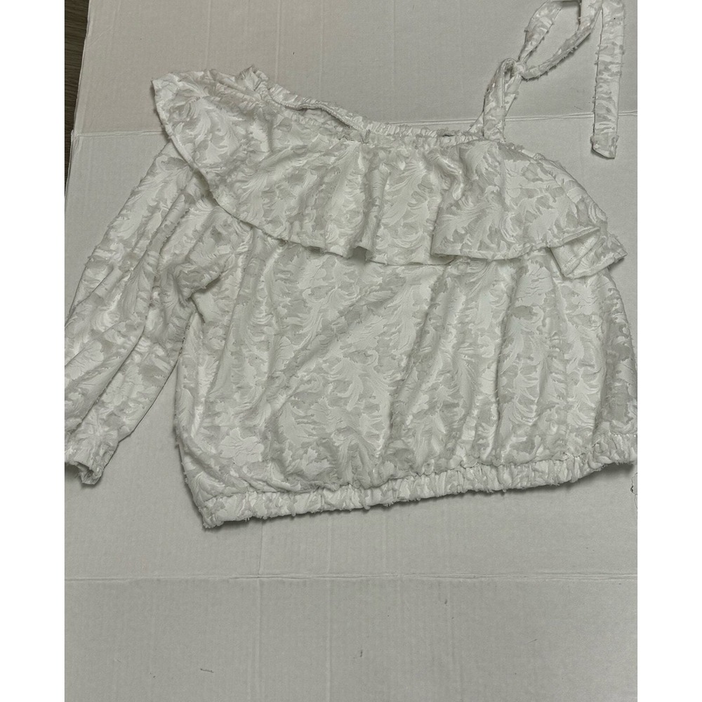 Lauren Conrad Womens White One Shoulder Ruffle Lace Textured Top Large - Picture 2 of 8